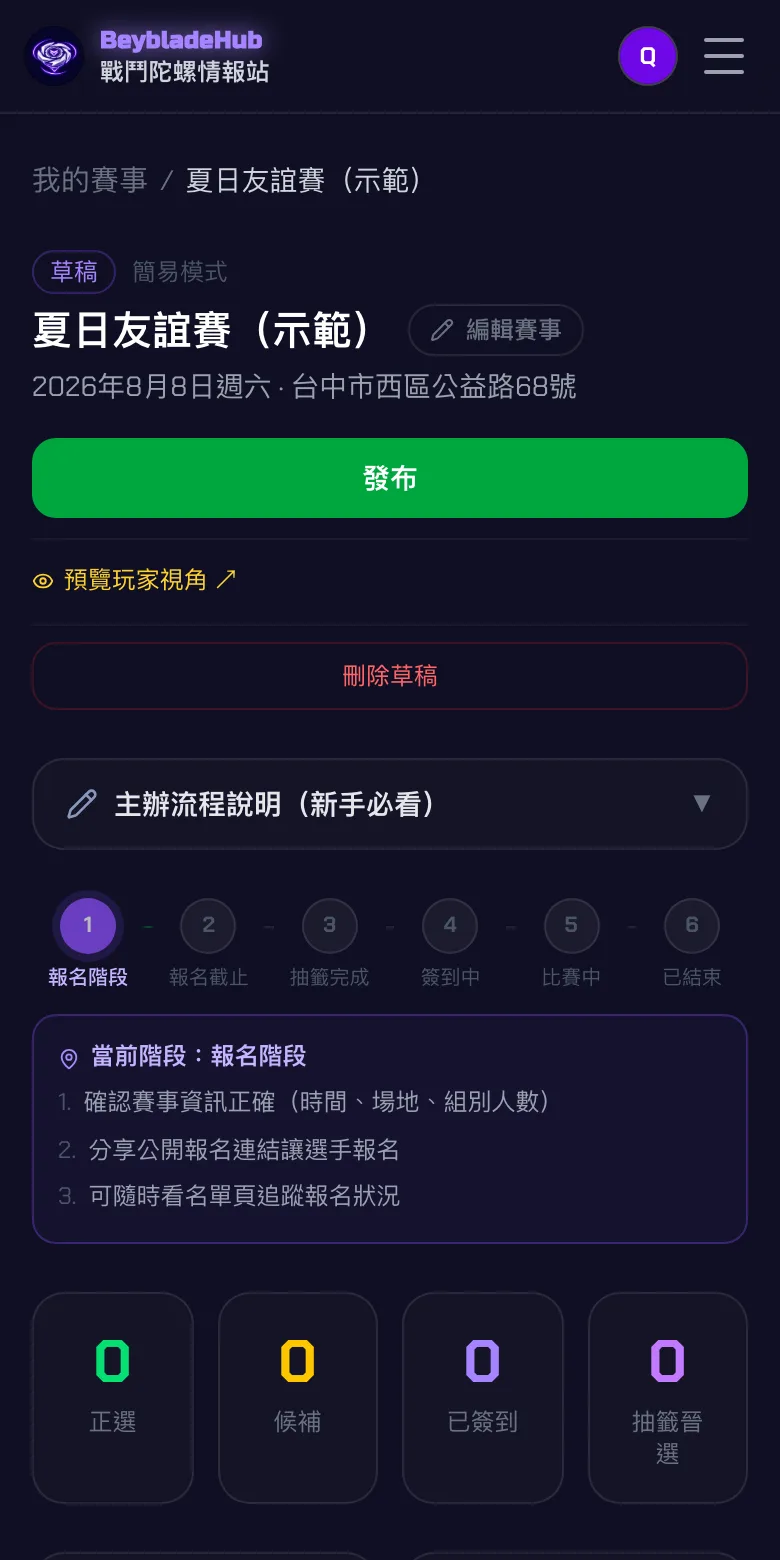 草稿管理頁:綠色發布按鈕與預覽玩家視角連結