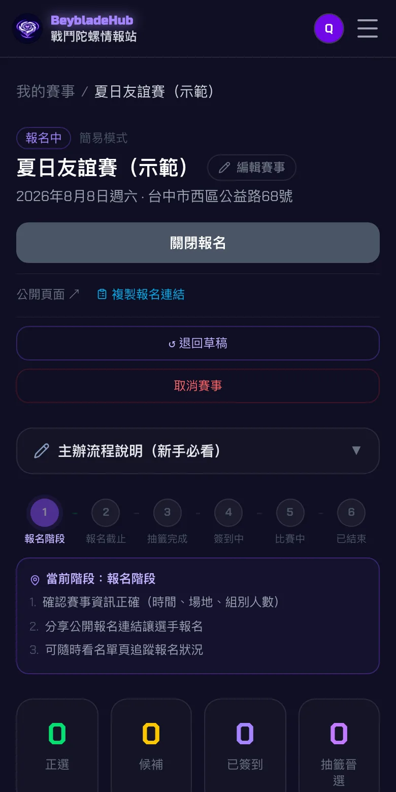 發布後的管理頁:報名中狀態、關閉報名、公開頁面與複製報名連結